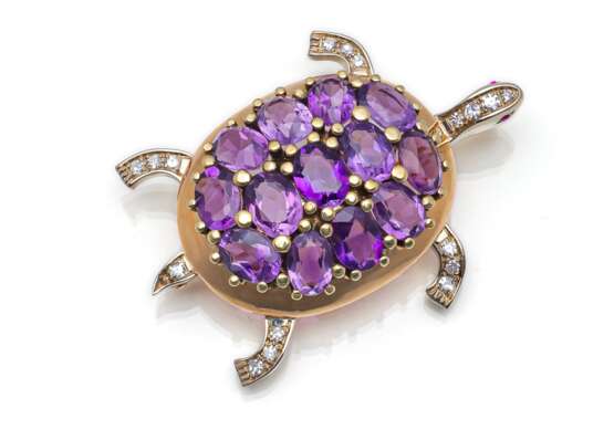 Brosche in Form einer Schildkröte mit Diamanten und Amethysten - photo 1