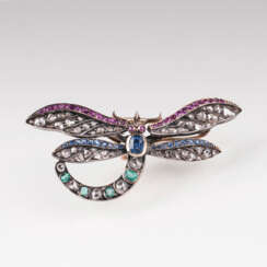 Belle Epoque Brosche mit Farbedelsteinen und Diamanten 'Libelle'.