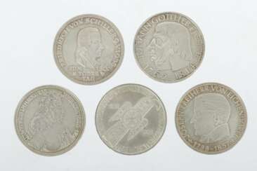 Fünf begehrte 5 DM-Münzen Silber, Joseph Freiherr…