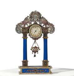 SMALL SILVER COLUMN CLOCK RICHLY SET WITH GEMSTONES