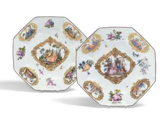 PAIR OF OCTOGONAL PORCELAIN PLATES WITH WATTEAU SCENES AND FLOWER PAINTINGS