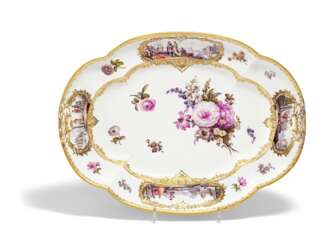 LARGE OVAL PORCELAIN PLATTER WITH WATTEAU SCENE AND FLOWER PAINTING