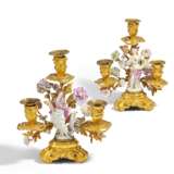 PAIR OF EXCEPTIONAL GILT BRONZE CANDELABRAS WITH BLOSSOMS AND DECORATIVE PORCELAIN FIGURES - photo 1