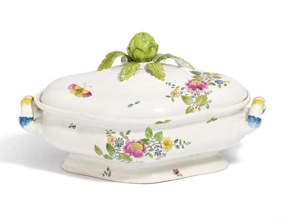 FAIENCE TUREEN WITH ARTICHOKE KNOB AND "FLEURS DES INDES" - Foto 1