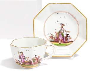 OCTAGONAL PORCELAIN CUP AND SAUCER WITH CHINOISERIES