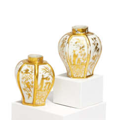 TWO PORCELAIN TEA CADDIES WITH GOLDEN CHINOISERIES
