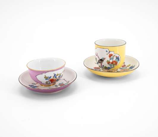 PORCELAIN COFFEE CUP AND SAUCER WITH YELLOW GROUND & PORCELAIN TEA CUP AND SAUCER WITH PURPLE GROUND AND KAKIEMON DECOR - photo 1