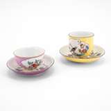 PORCELAIN COFFEE CUP AND SAUCER WITH YELLOW GROUND & PORCELAIN TEA CUP AND SAUCER WITH PURPLE GROUND AND KAKIEMON DECOR - Foto 1
