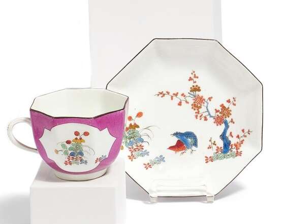 OCTAGONAL PORCELAIN CUP AND SAUCER WITH QUAIL DECOR AND PURPLE GROUND - photo 1