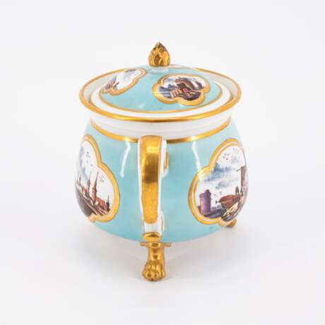 PORCELAIN CREAM POT WITH TURQUOISE GROUND AND LANDSCAPE CARTOUCHES - Foto 2