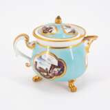 PORCELAIN CREAM POT WITH TURQUOISE GROUND AND LANDSCAPE CARTOUCHES - Foto 3