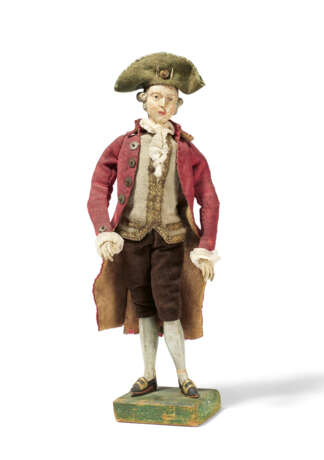 MODEL FIGURINE OF A GALLANT GENTLEMAN MADE OF WOOD, WOOL, VELVET, SILK, GOLDEN TRIMMINGS AND SILVER - Foto 1