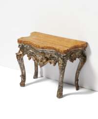SMALL WOODEN MINIATURE CONSOLE TABLE WITH TROMPE L'OEUIL MARBLE PLATE