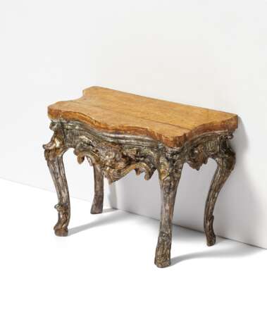 SMALL WOODEN MINIATURE CONSOLE TABLE WITH TROMPE L'OEUIL MARBLE PLATE - photo 1