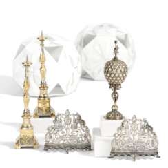 SILVER MINIATURES OF A PAIR OF ALTAR CANDELSTICKS, A PINEAPPLE GOBLET AND A PAIR OF CHANUKKA CANDLESTICKS
