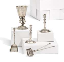 PAIR OF SILVER MINIATURE CANDLESTICKS, SILVER MINIATURE COAL SHOVEL AND WAFFLE IRON, SILVER MINIATURE GOBLET