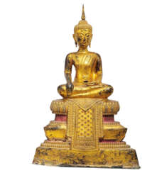 BRONZE BUDDHA SEATED ON THRONE PEDESTAL