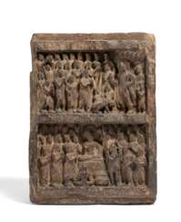 SMALL STONE RELIEF PLATE WITH TWO SCENES OF BUDDAH PRAYING