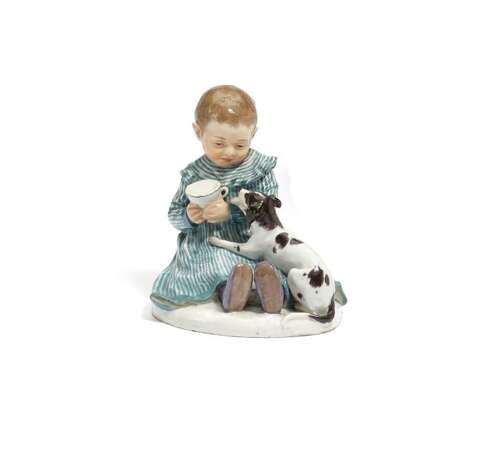 PORCELAIN FIGURINE OF A SMALL CHILD WITH CUP AND SMALL DOG - photo 1