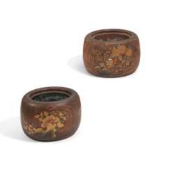 TWO WOODEN AND COPPER COAL BASINS, SO-CALLED HIBACHI WITH FLORAL DECOR
