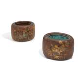 TWO WOODEN AND COPPER COAL BASINS, SO-CALLED HIBACHI WITH FLORAL DECOR - photo 1