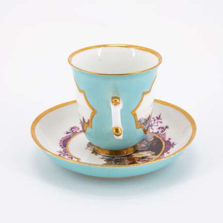 PORCELAIN BEAKER WITH DOUBLE HANDLES AND SAUCER WITH TURQUOISE GROUND AND LANDSCAPE CARTOUCHES - photo 4