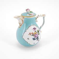 PORCELAIN COFFEE POT WITH TURQUOISE GROUND AND GERMAN FLOWERS