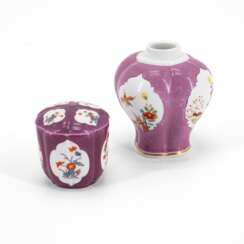 PORCELAIN TEA CADDY AND SMALL BOX WITH PURPLE GROUND AND KAKIEMON RESERVES