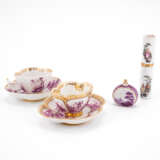 TWO PORCELAIN CUPS & SAUCERS WITH PURPLE PAINTING AND A CIGAR TUBE WITH GALLANT SCENES - фото 1