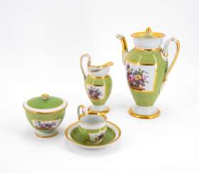 PORCELAIN COFFEE SERVICE CONSISTING OF COFFEE POT, CREAMER, SUGAR BOWL AND LID, CUP AND SAUCER WITH GREEN GROUND AND FLOWER STILL LIFE