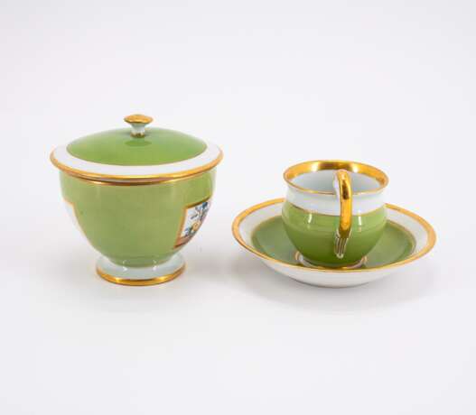 PORCELAIN COFFEE SERVICE CONSISTING OF COFFEE POT, CREAMER, SUGAR BOWL AND LID, CUP AND SAUCER WITH GREEN GROUND AND FLOWER STILL LIFE - photo 2