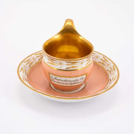 THREE PORCELAIN CUPS AND MATCHING SAUCERS WITH DIFFERENT ORNAMENTATION AND GROUND DECORS - photo 14