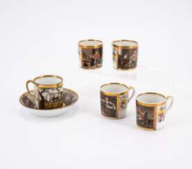 FIVE PORCELAIN CUPS AND ONE SAUCER WITH DOMESTIC SCENES