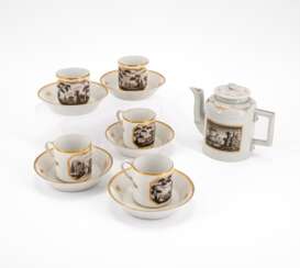 FIVE PORCELAIN CUPS AND SAUCERS AND A SMALL PORCELAIN TEA POT WITH BLACK LANDSCAPE PAINTINGS AND GOLDEN FRAME