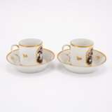 FIVE PORCELAIN CUPS AND SAUCERS AND A SMALL PORCELAIN TEA POT WITH BLACK LANDSCAPE PAINTINGS AND GOLDEN FRAME - фото 3