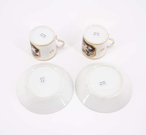 FIVE PORCELAIN CUPS AND SAUCERS AND A SMALL PORCELAIN TEA POT WITH BLACK LANDSCAPE PAINTINGS AND GOLDEN FRAME - фото 7