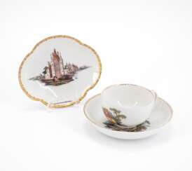 SCALLOPED BOWL WITH VIEW OF THE CASTLE & CUP WITH SAUCER AND GALANT SCENES