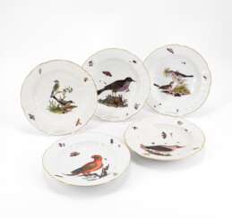 FIVE DEEP PLATES WITH DEPICTIONS OF BIRDS AND INSECTS