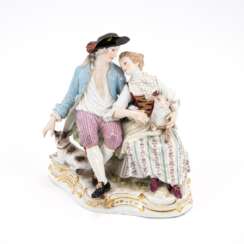 PORCELAIN SHEPHERD ENSEMBLE ON ROCAILLE BASE WITH SMALL DOG AND LAMB