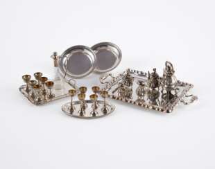 SILVER MINIATURE SERVICE, SIX MINIATURE PLATES AND TWICE SIX GOBLETS ON TRAY