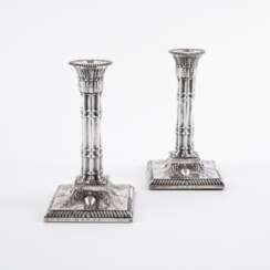 PAIR OF SILVER VICTORIA CANDLESTICKS WITH VASE ORNAMENTATION AND COLUMN STEM