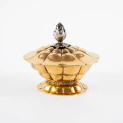 MAGNIFICENT SILVER BOWL AND LID WITH FLOWER BUD FINIAL