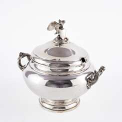 LARGE SILVER TUREEN WITH EAGEL ORNAMENTATION AND ESCUTCHEON