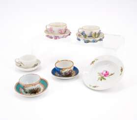 ENSEMBLE OF FIVE PORCELAIN MINIATURE CUPS AND SAUCERS WITH APPLIED FLOWERS