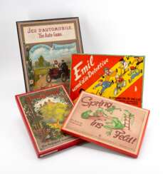 FOUR GAMES MADE OF CARDBOARD, PAPER, WOOD, PLASTIC, TIN AND GLASS