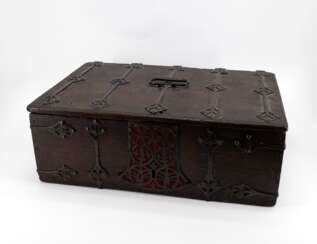 LARGE OAK CASKET WITH IRON STRAP FITTINGS