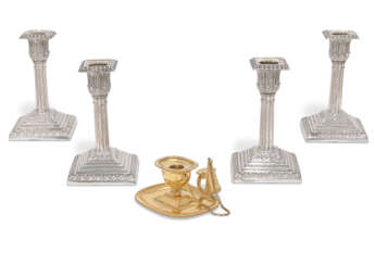 A GEORGE III SILVER-GILT CHAMBERSTICK AND FOUR VICTORIAN SILVER DRESSING TABLE CANDLESTICKS
