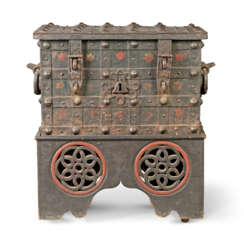 A GERMAN POLYCHROME PAINTED WROUGHT-IRON STRONGBOX