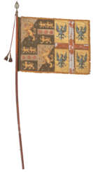 A PAINTED AND GILT SILK HERALDIC BANNER