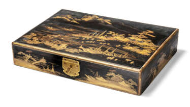 A JAPANESE GILT-DECORATED, BLACK-LACQUER BOX
